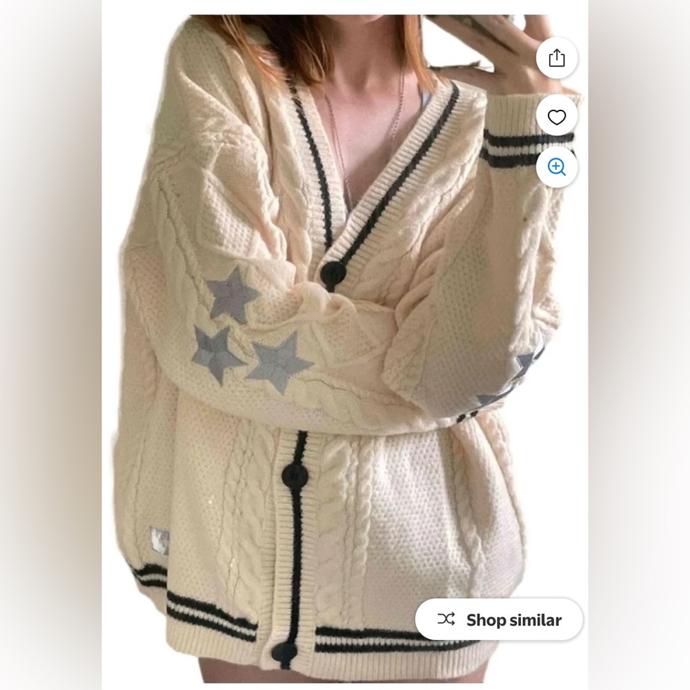 Cream Cable Knit Cardigan with Embroidered Star Accents Women’s Size M EUC